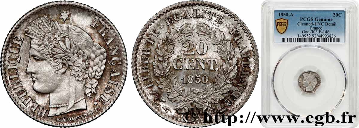 20 centimes Cérès, IIe République 1850 Paris F.146/2 SPL+ PCGS