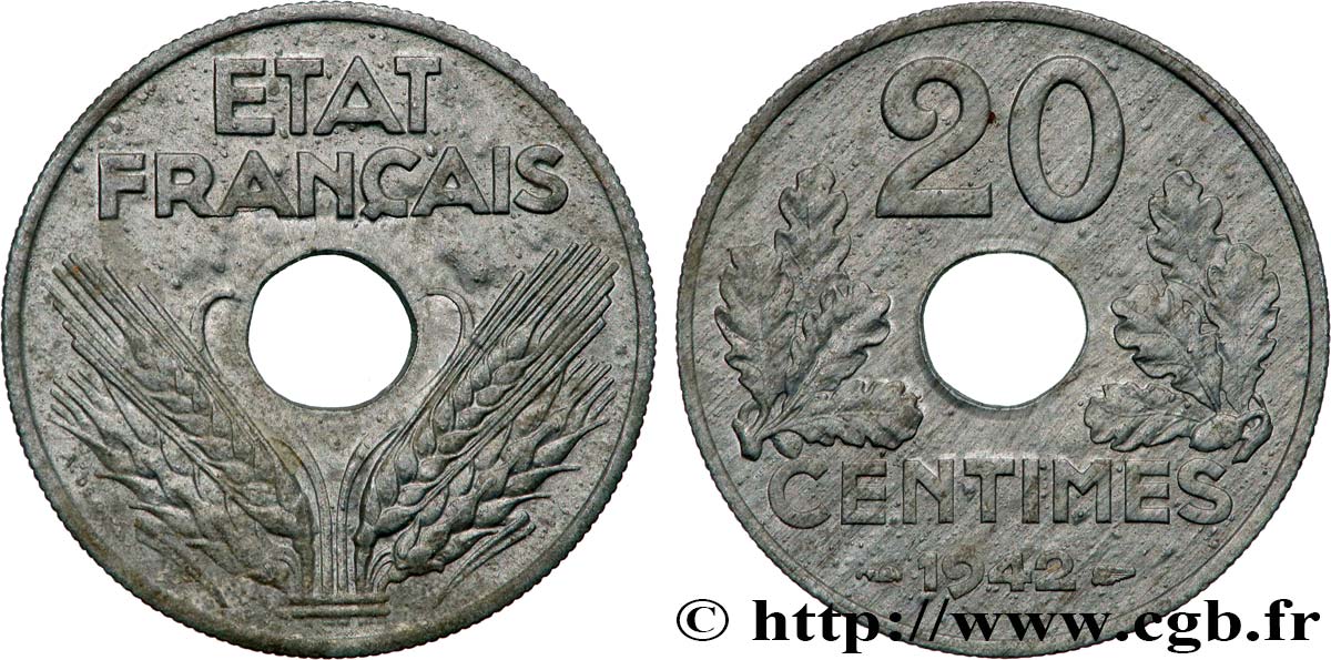 20 centimes État français, lourde 1942  F.153/4 TTB+ 