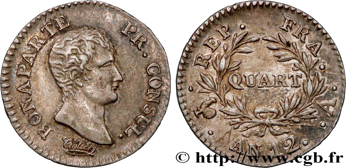 Quart (de franc) Bonaparte Premier Consul 1804 Paris F.157/1 TTB+ 