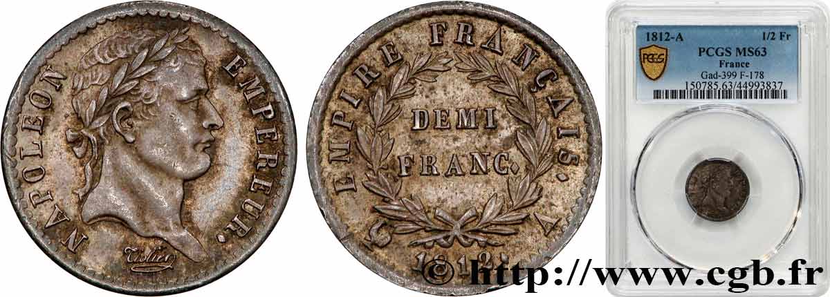 Demi-franc Napoléon Ier tête laurée, Empire français 1812 Paris F.178/35 MS63 PCGS