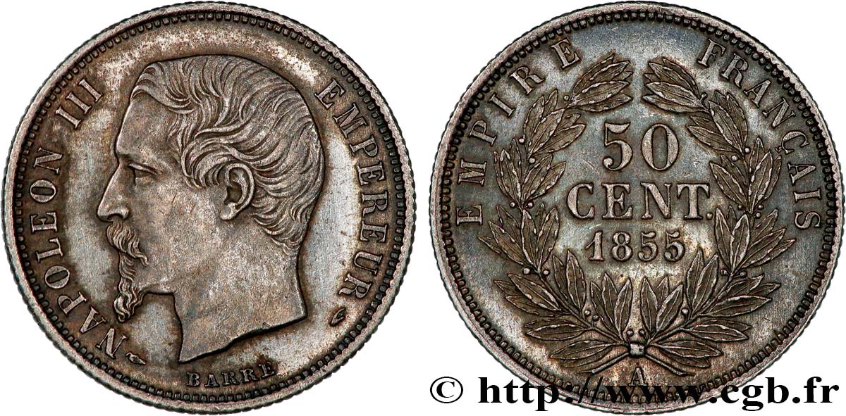 50 centimes Napoléon III, tête nue 1855 Paris F.187/3 EBC 