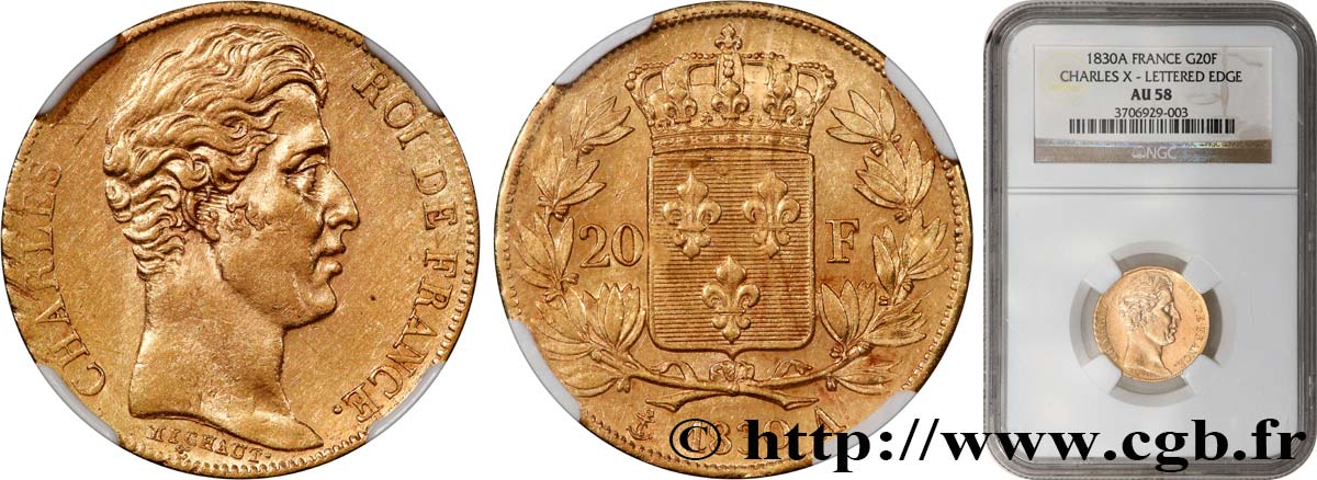 20 francs or Charles X, matrice du revers à cinq feuilles 1830 Paris F.521/5 SUP58 NGC