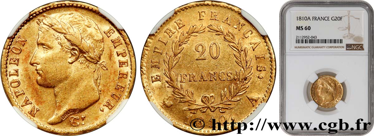 20 francs or Napoléon tête laurée, Empire français 1810 Paris F.516/8 SUP60 NGC