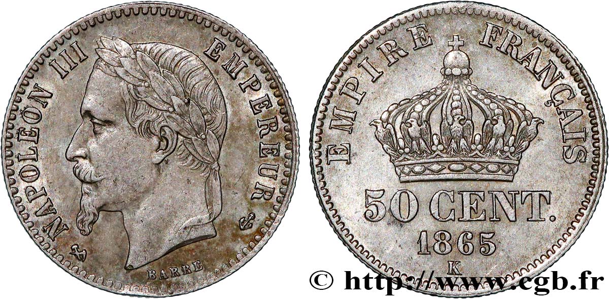 50 centimes Napoléon III, tête laurée 1865 Bordeaux F.188/8 MBC50 