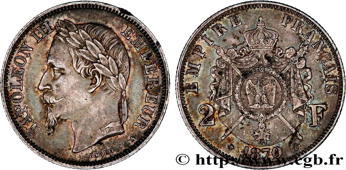 2 francs Napoléon III, tête laurée 1870 Paris F.263/12 MBC+ 