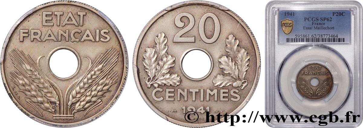 Essai de 20 centimes État français en Maillechort 1941 Paris GEM.44 4 var. SPL62 PCGS