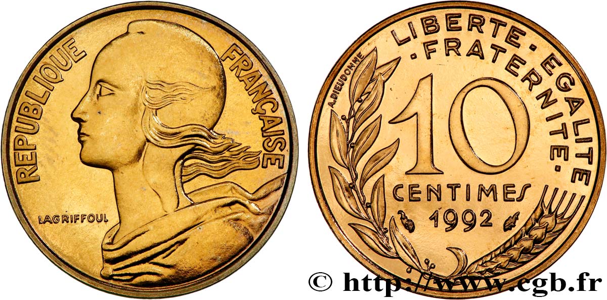 10 centimes Marianne, BU (Brillant Universel), frappe médaille 1992 Pessac F.144/34 FDC 