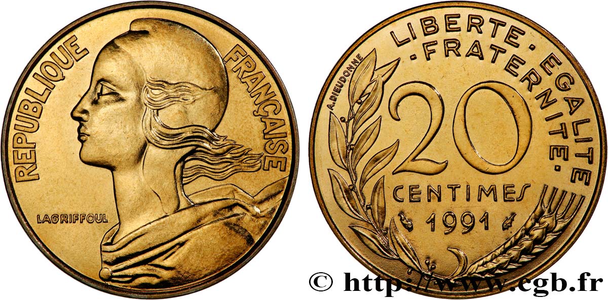 20 centimes Marianne, BU (Brillant Universel), frappe médaille 1991 Pessac F.156/32 FDC 