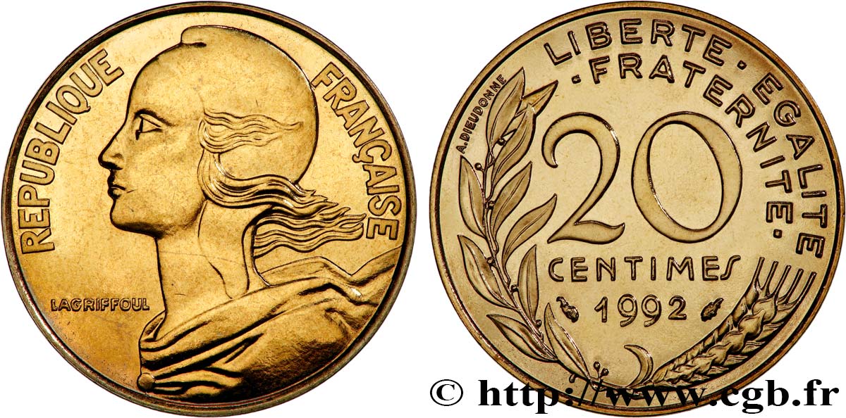 20 centimes Marianne, BU (Brillant Universel), frappe médaille 1992 Pessac F.156/34 FDC 