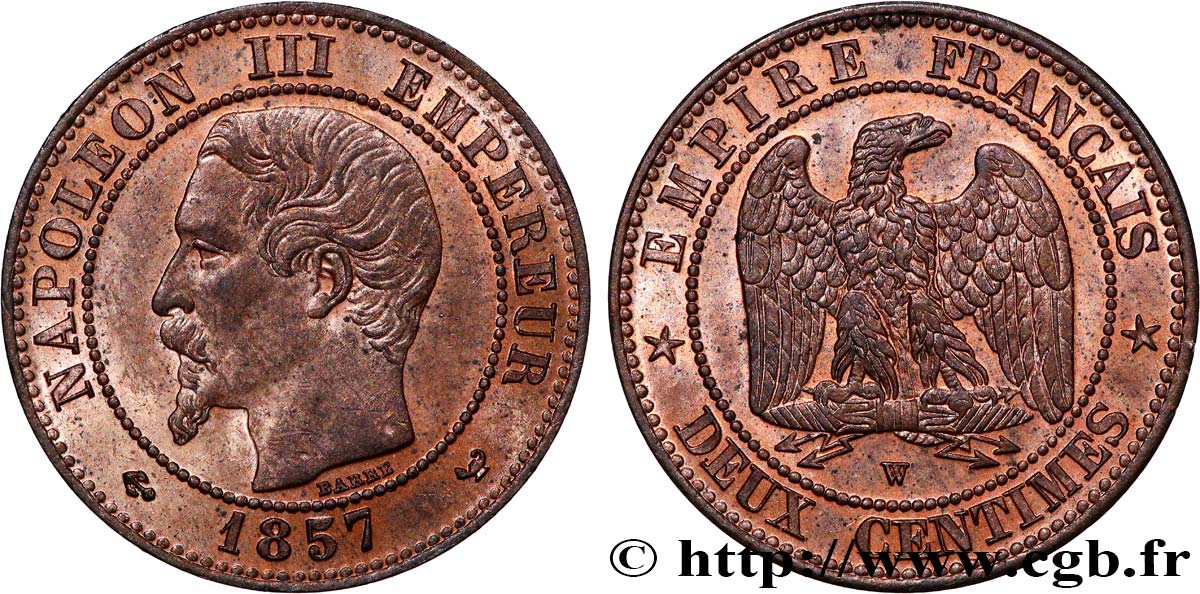 Deux centimes Napoléon III, tête nue 1857 Lille F.107/51 fST64 