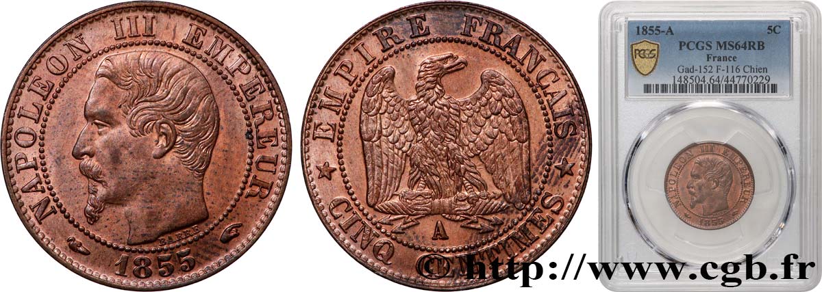 Cinq centimes Napoléon III, tête nue 1855 Paris F.116/16 SPL64 PCGS