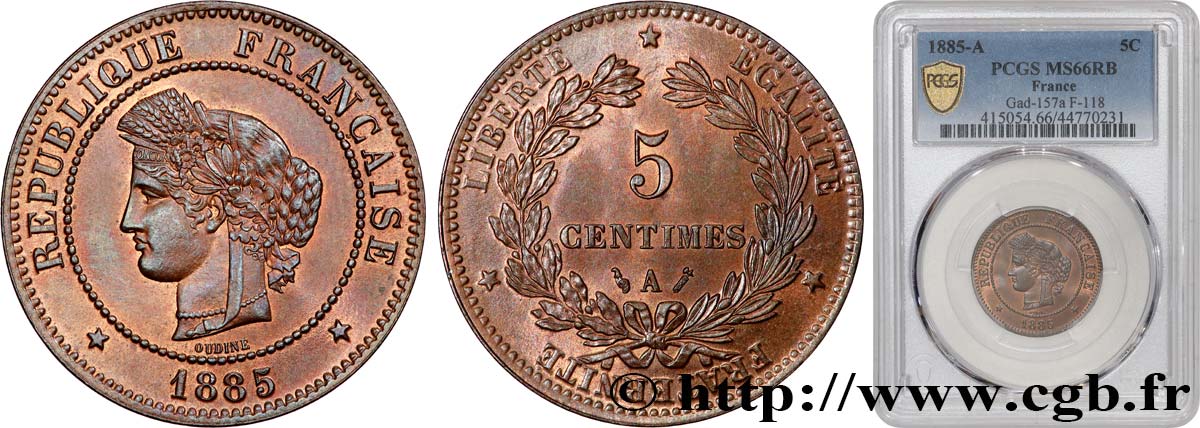 5 centimes Cérès 1885 Paris F.118/27 ST66 PCGS
