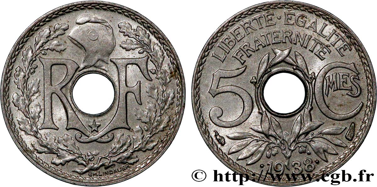 5 centimes Lindauer, maillechort, avec étoile 1938  F.123/1 SUP58 