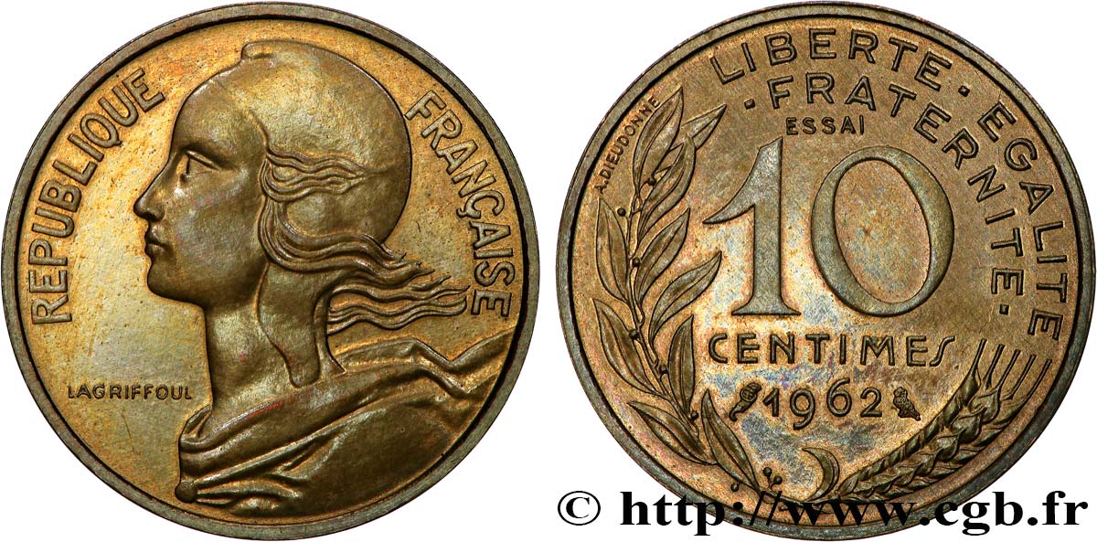 Essai-piéfort de 10 centimes Marianne 1962 Paris GEM.46 EP MS63 