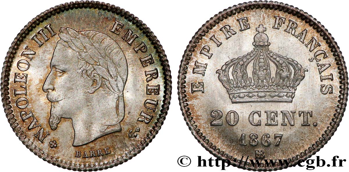 20 centimes Napoléon III, tête laurée, grand module 1867 Strasbourg F.150/2 MS65 