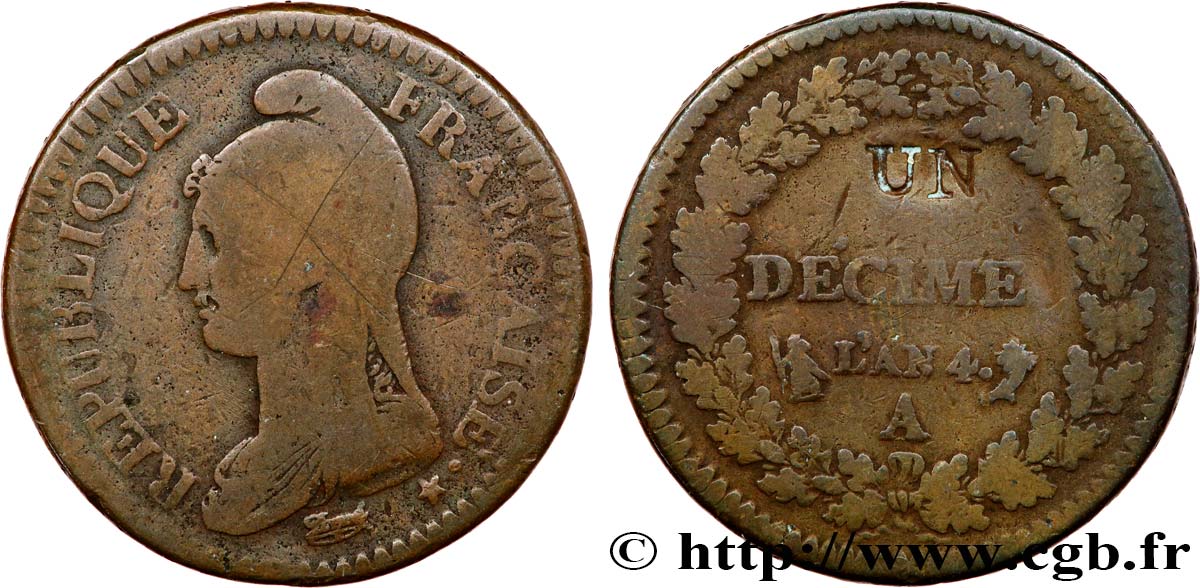 Un décime Dupré, modification du 2 décimes 1796 Paris F.127/1 B+ 