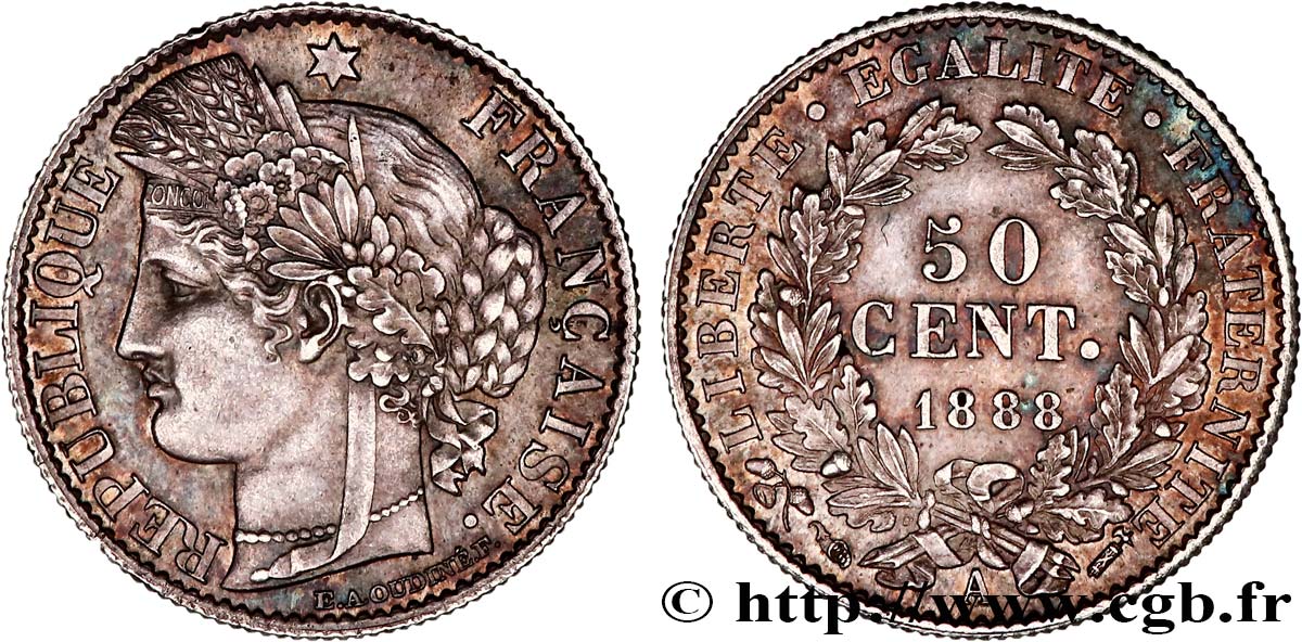 50 centimes Cérès, Troisième République 1888 Paris F.189/13 SUP60 