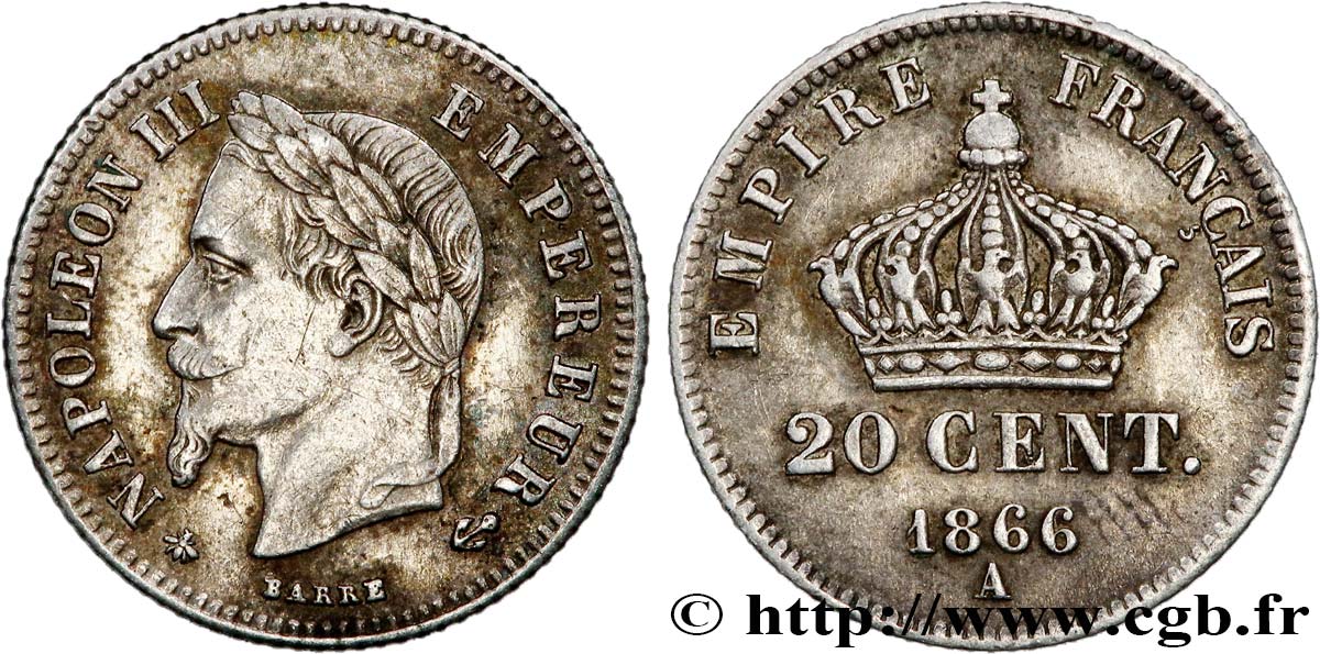 20 centimes Napoléon III, tête laurée, petit module 1866 Paris F.149/4 TTB 