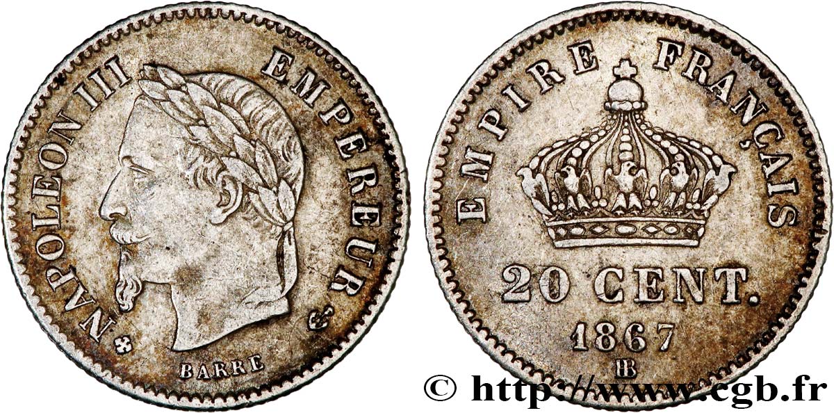 20 centimes Napoléon III, tête laurée, grand module 1867 Strasbourg F.150/2 TB+ 