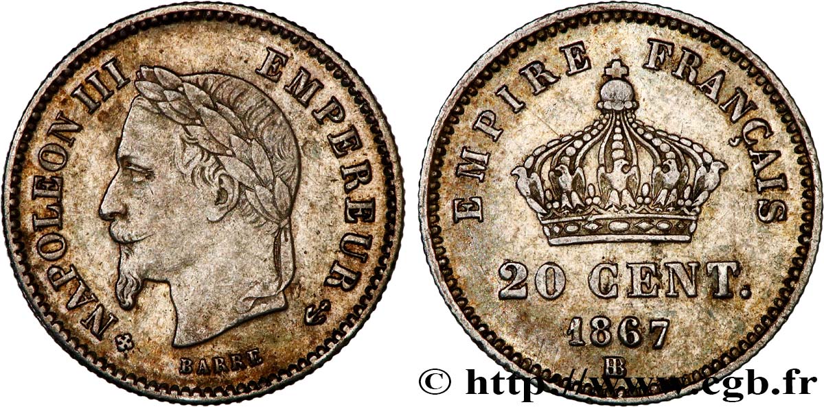 20 centimes Napoléon III, tête laurée, grand module 1867 Strasbourg F.150/2 XF 
