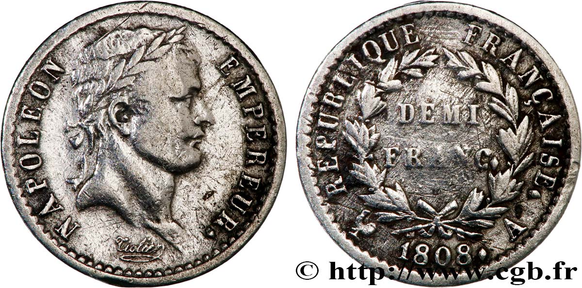 Demi-franc Napoléon Ier tête laurée, République française 1808 Paris F.177/2 TB 
