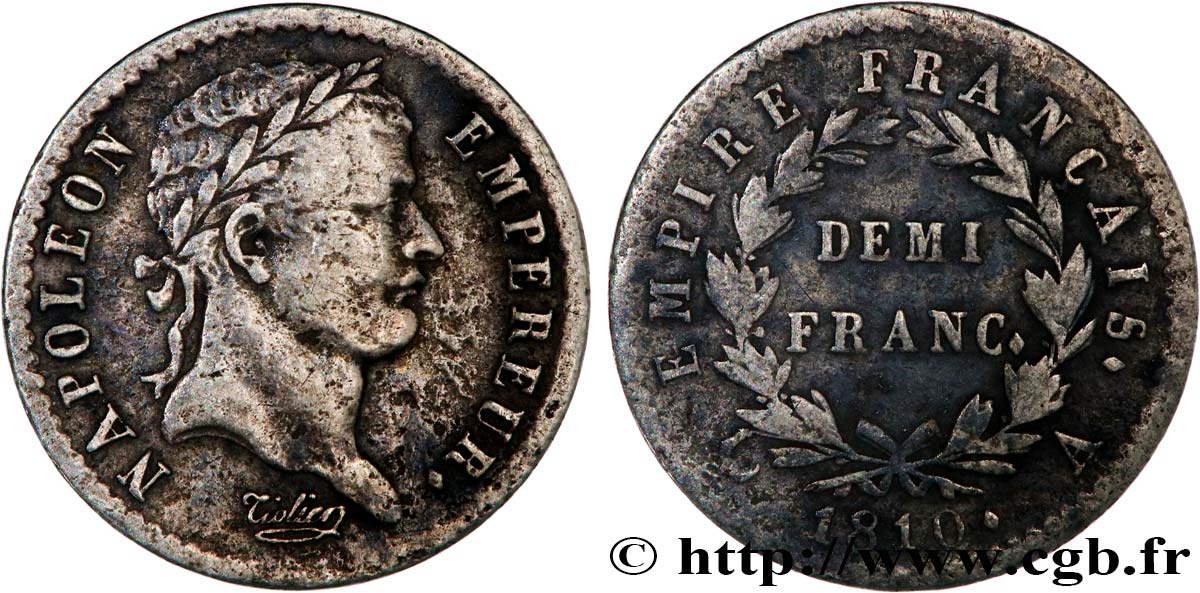 Demi-franc Napoléon Ier tête laurée, Empire français 1810 Paris F.178/10 TB 