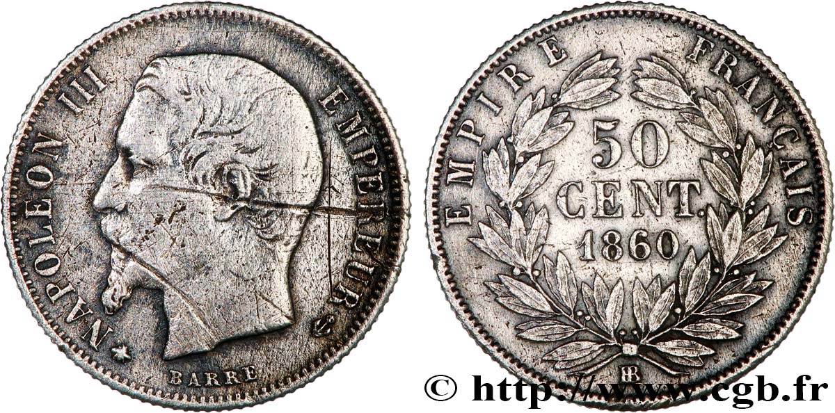 50 centimes Napoléon III, tête nue 1860 Strasbourg F.187/14 TB 