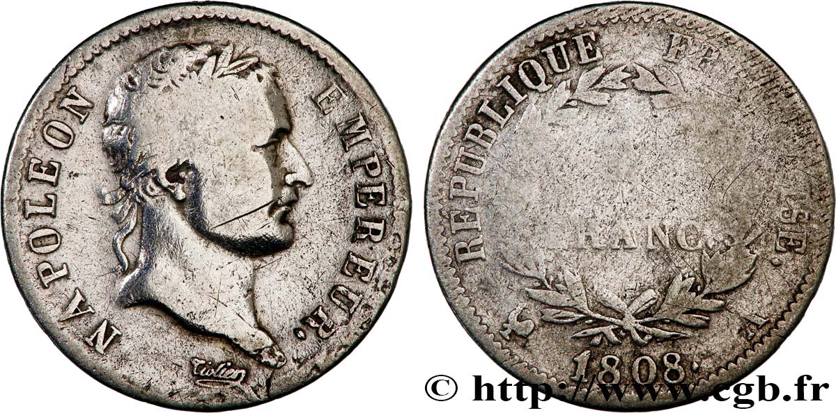 1 franc Napoléon Ier tête laurée, République française 1808 Paris F.204/2 RC 