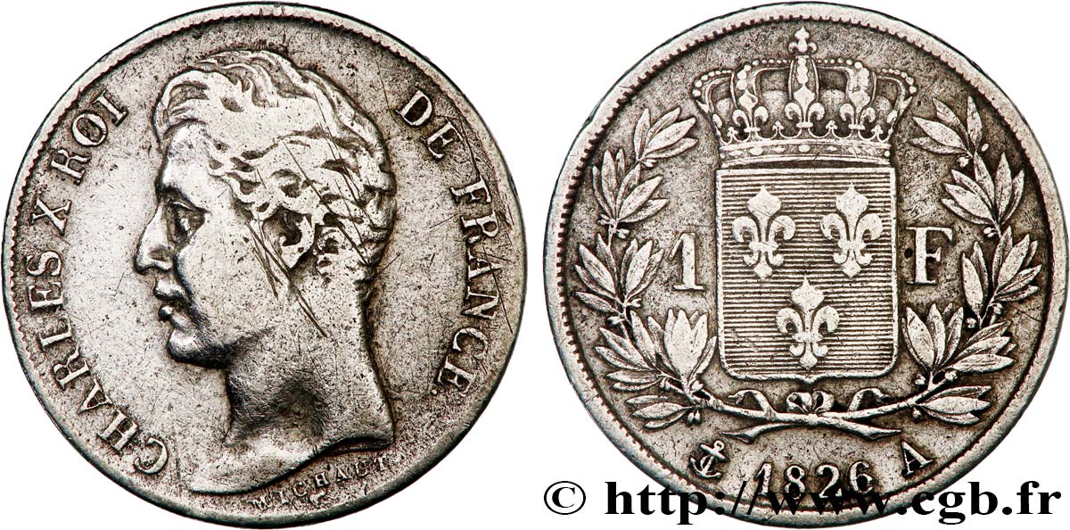 1 franc Charles X, matrice du revers à cinq feuilles 1826 Paris F.207/13 TB 