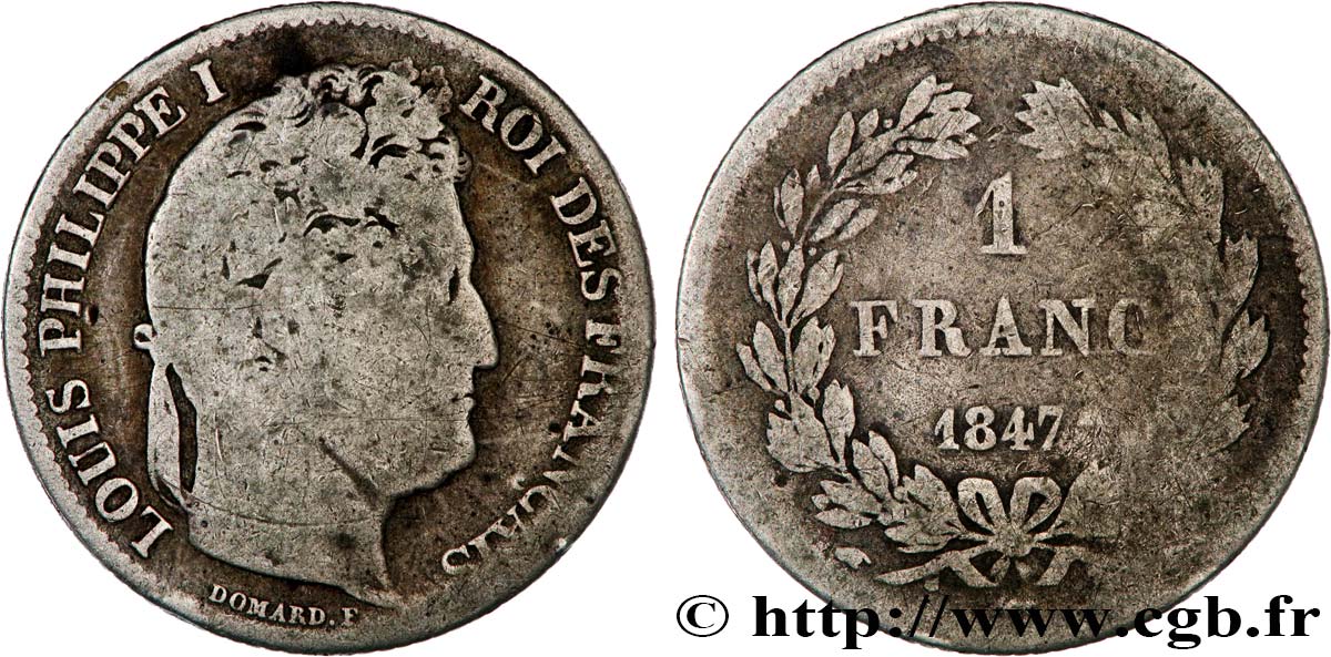 1 franc Louis-Philippe, couronne de chêne 1847 Paris F.210/110 VG8 