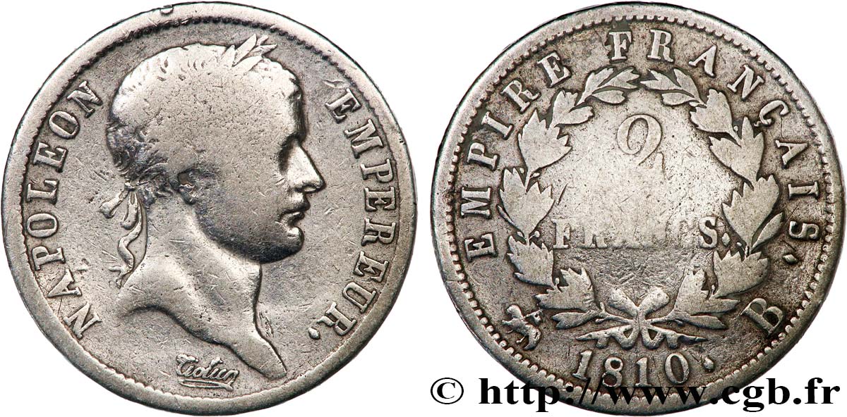 2 francs Napoléon Ier tête laurée, Empire français 1810 Rouen F.255/11 RC 