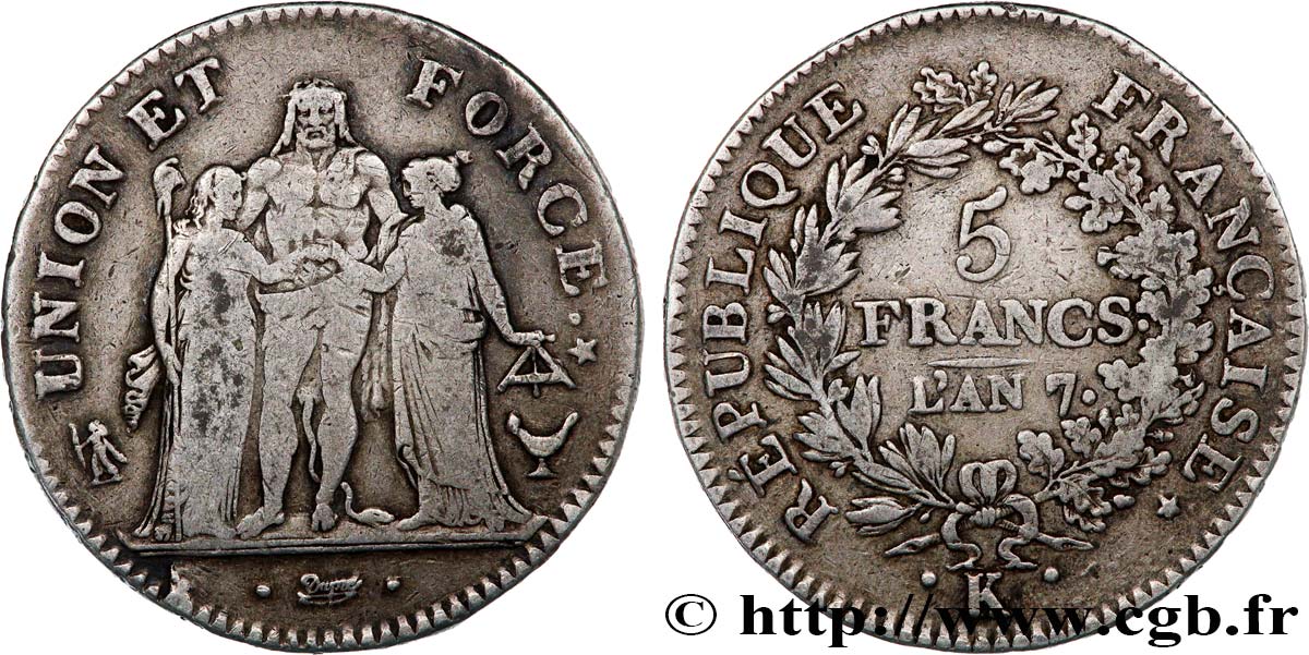 5 francs Union et Force, Union desserré, avec glands intérieurs et gland extérieur 1799 Bordeaux F.291/23 S25 