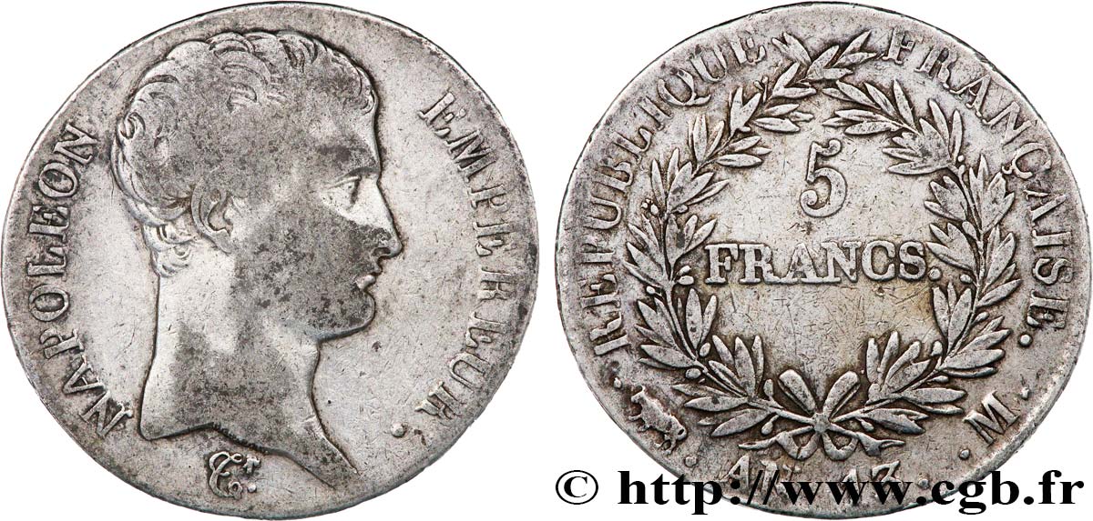 5 francs Napoléon Empereur, Calendrier révolutionnaire 1805 Toulouse F.303/13 TB25 