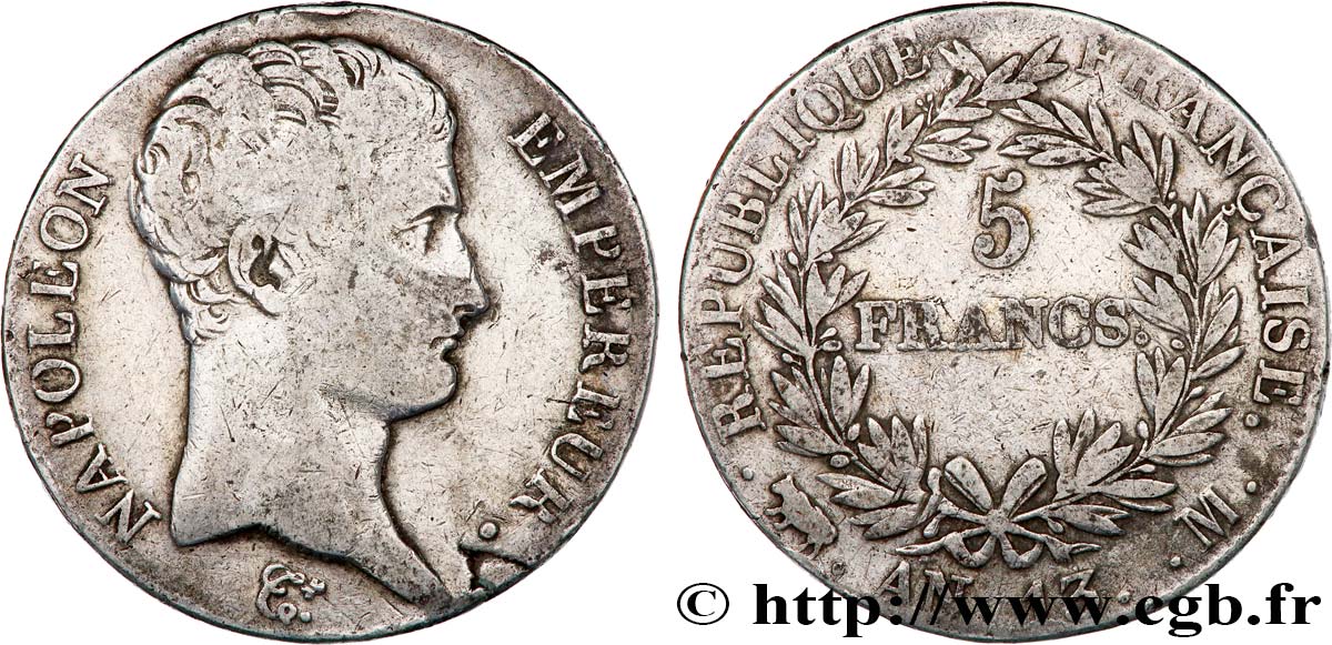 5 francs Napoléon Empereur, Calendrier révolutionnaire 1805 Toulouse F.303/13 TB 