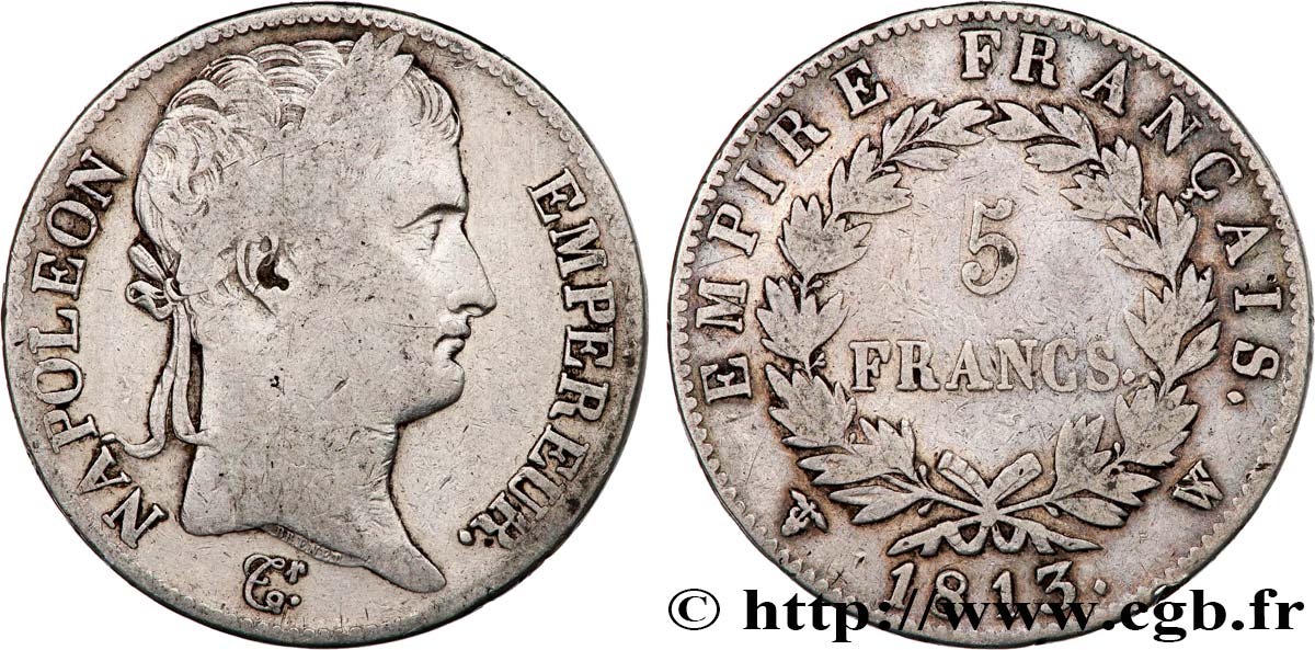 5 francs Napoléon Empereur, Empire français 1813 Lille F.307/75 TB 