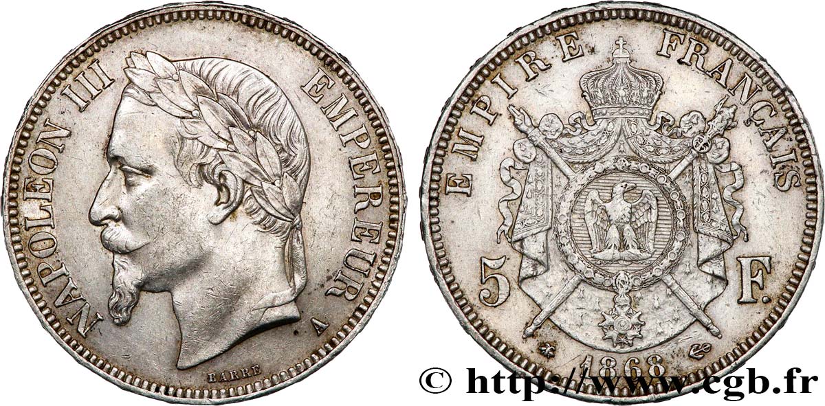 5 francs Napoléon III, tête laurée 1868 Paris F.331/12 TTB 