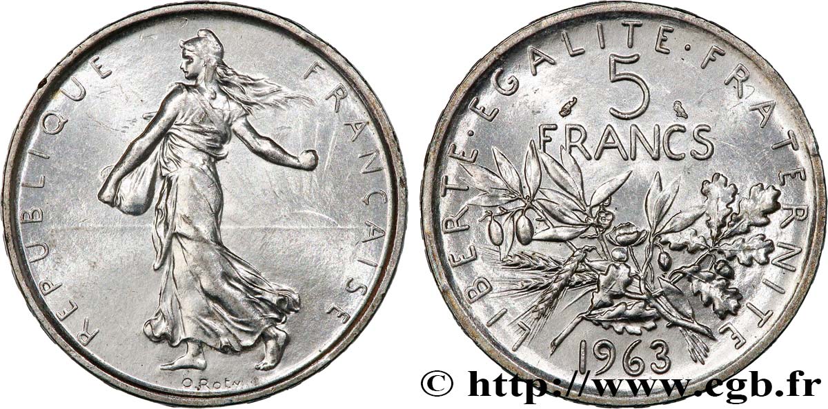 5 francs Semeuse, argent 1963 Paris F.340/7 MS62 