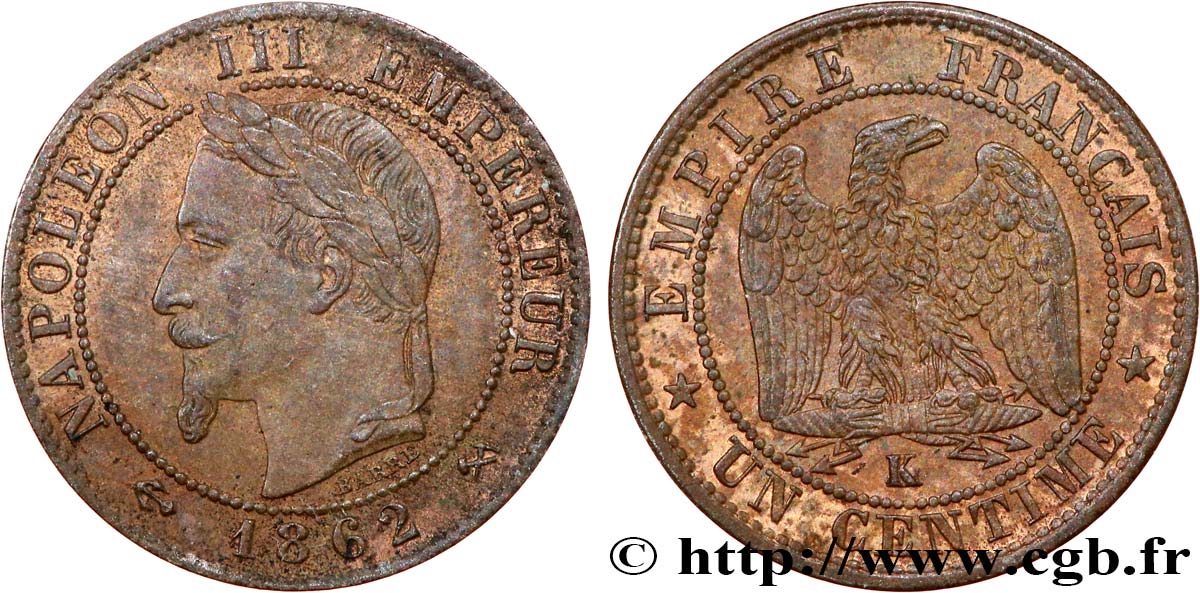 Un centime Napoléon III, tête laurée 1862 Bordeaux F.103/7 AU55 