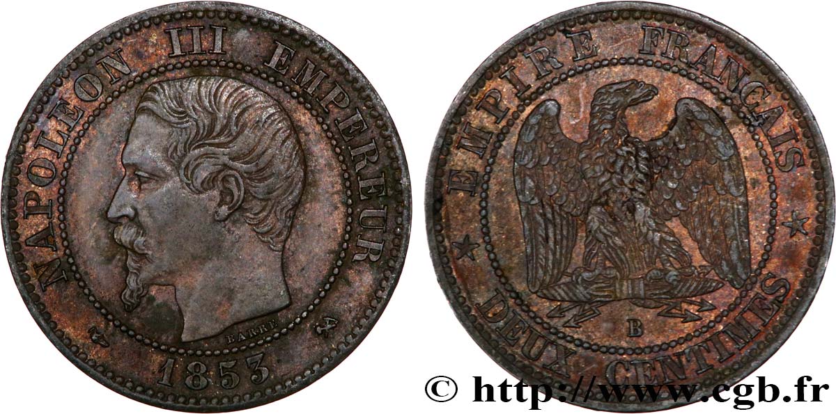 Deux centimes Napoléon III, tête nue 1853 Rouen F.107/2 AU50 