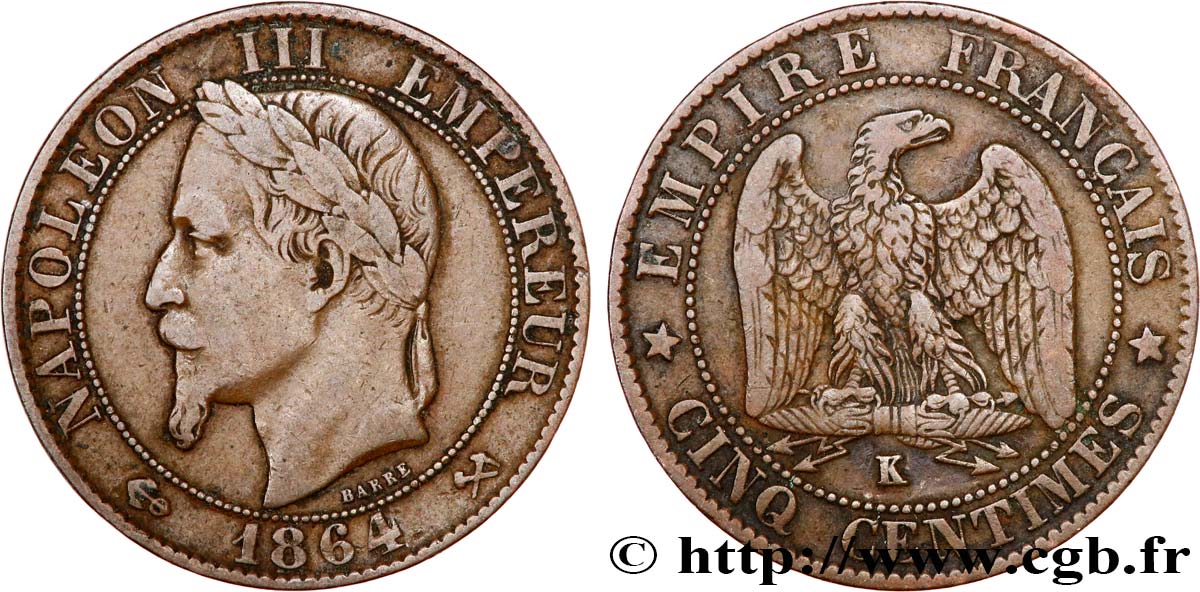 Cinq centimes Napoléon III, tête laurée 1864 Bordeaux F.117/15 TB30 