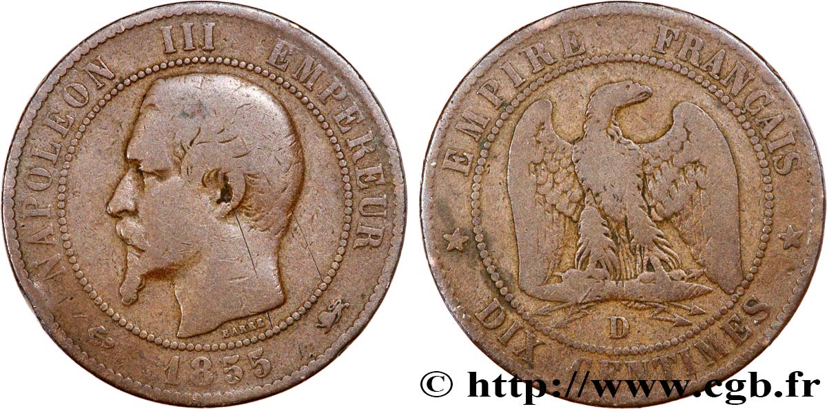 Dix centimes Napoléon III, tête nue 1855 Lyon F.133/26 F15 