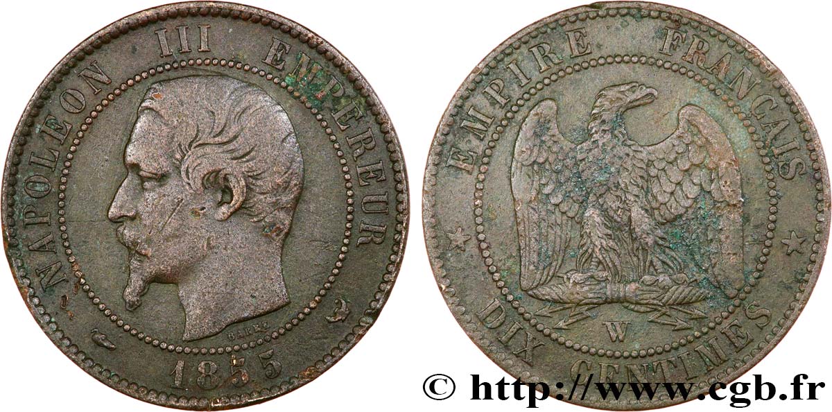 Dix centimes Napoléon III, tête nue 1855 Lille F.133/32 TB+ 