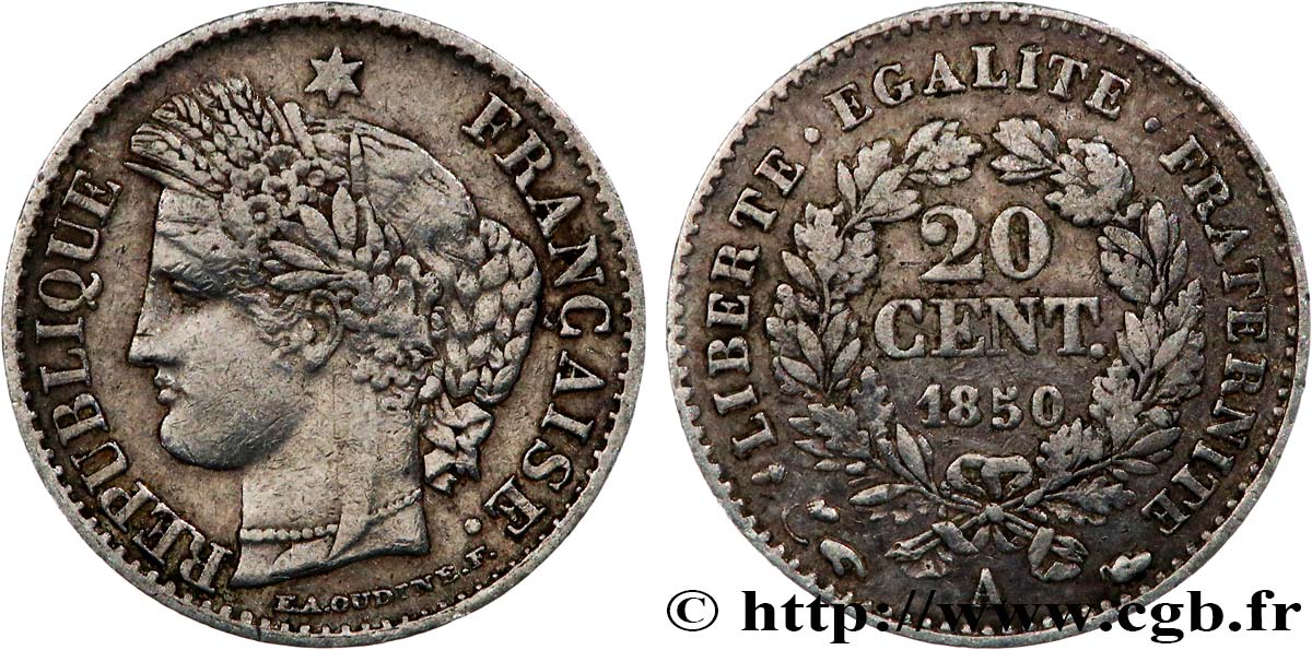 20 centimes Cérès, IIe République 1850 Paris F.146/3 TB 