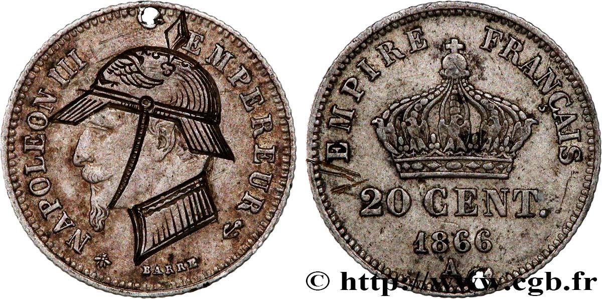 Monnaie satirique 20 centimes Napoléon III avec casque à pointe 1866 Paris F.149/4 var. XF 