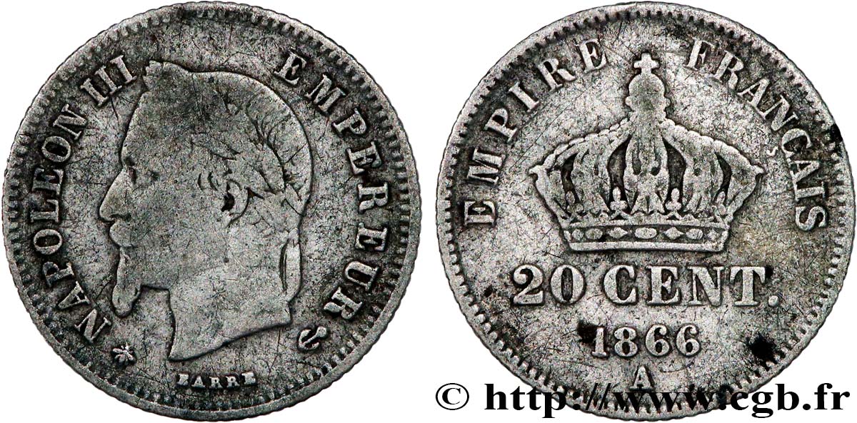 20 centimes Napoléon III, tête laurée, petit module 1866 Paris F.149/4 B12 