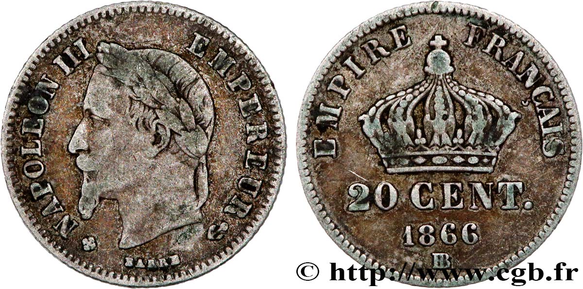 20 centimes Napoléon III, tête laurée, petit module 1866 Strasbourg F.149/5 VF 