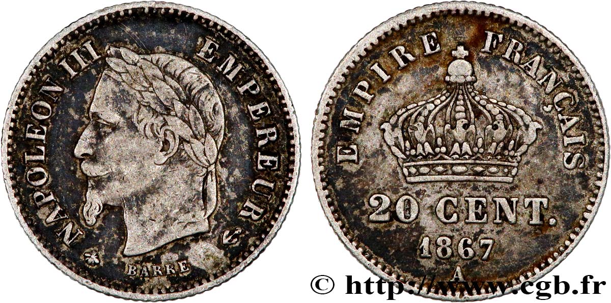 20 centimes Napoléon III, tête laurée, grand module 1867 Paris F.150/1 TB+ 