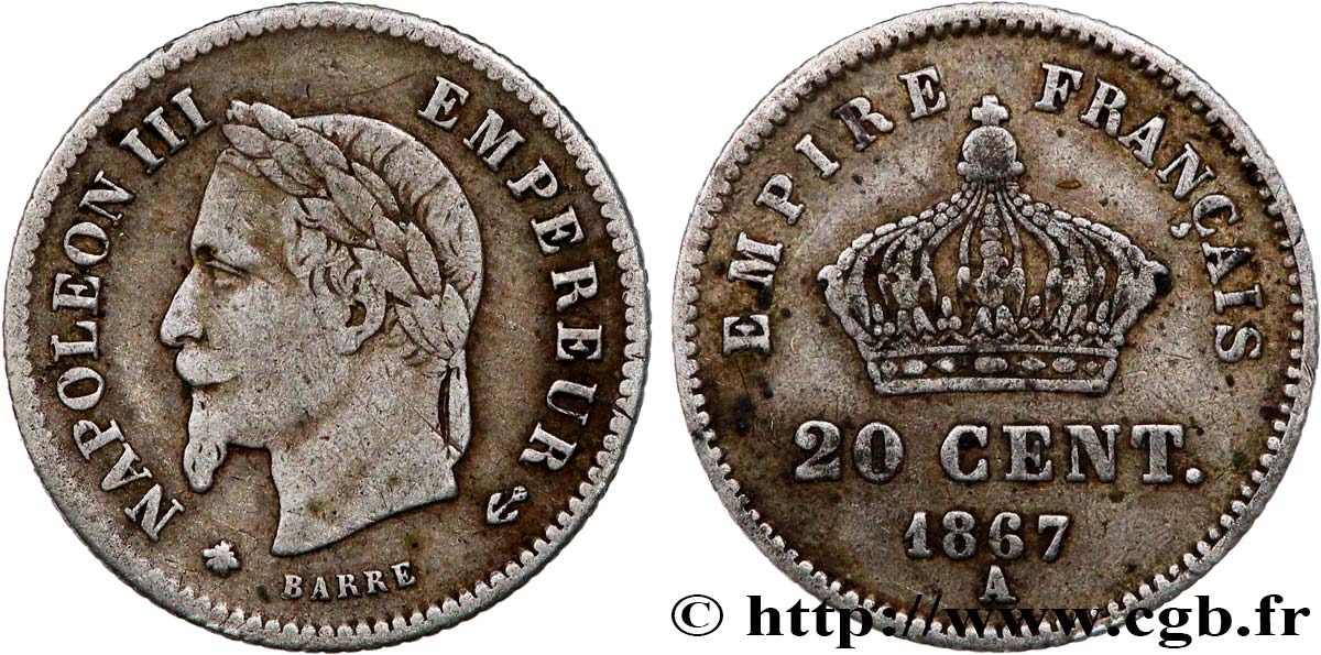 20 centimes Napoléon III, tête laurée, grand module 1867 Paris F.150/1 BC+ 