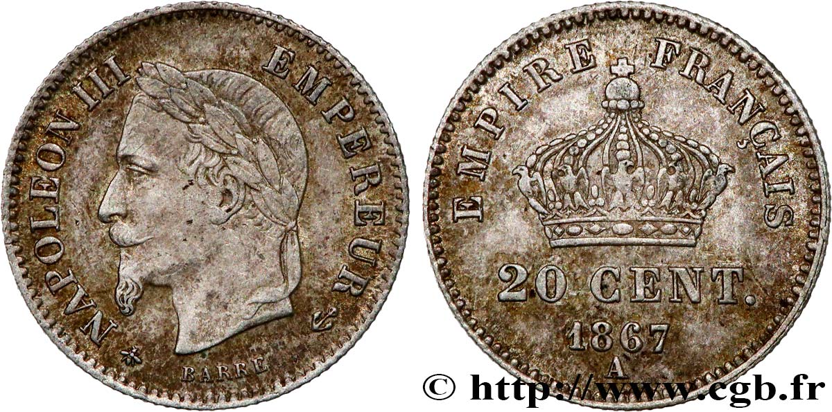 20 centimes Napoléon III, tête laurée, grand module 1867 Paris F.150/1 AU 