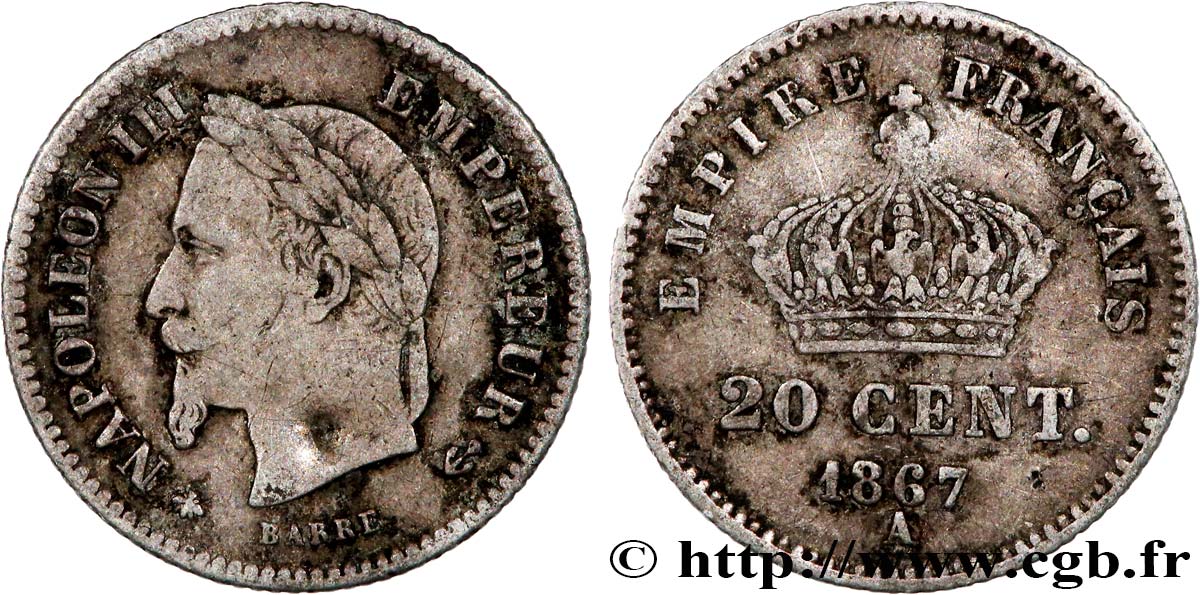 20 centimes Napoléon III, tête laurée, grand module 1867 Paris F.150/1 VF 